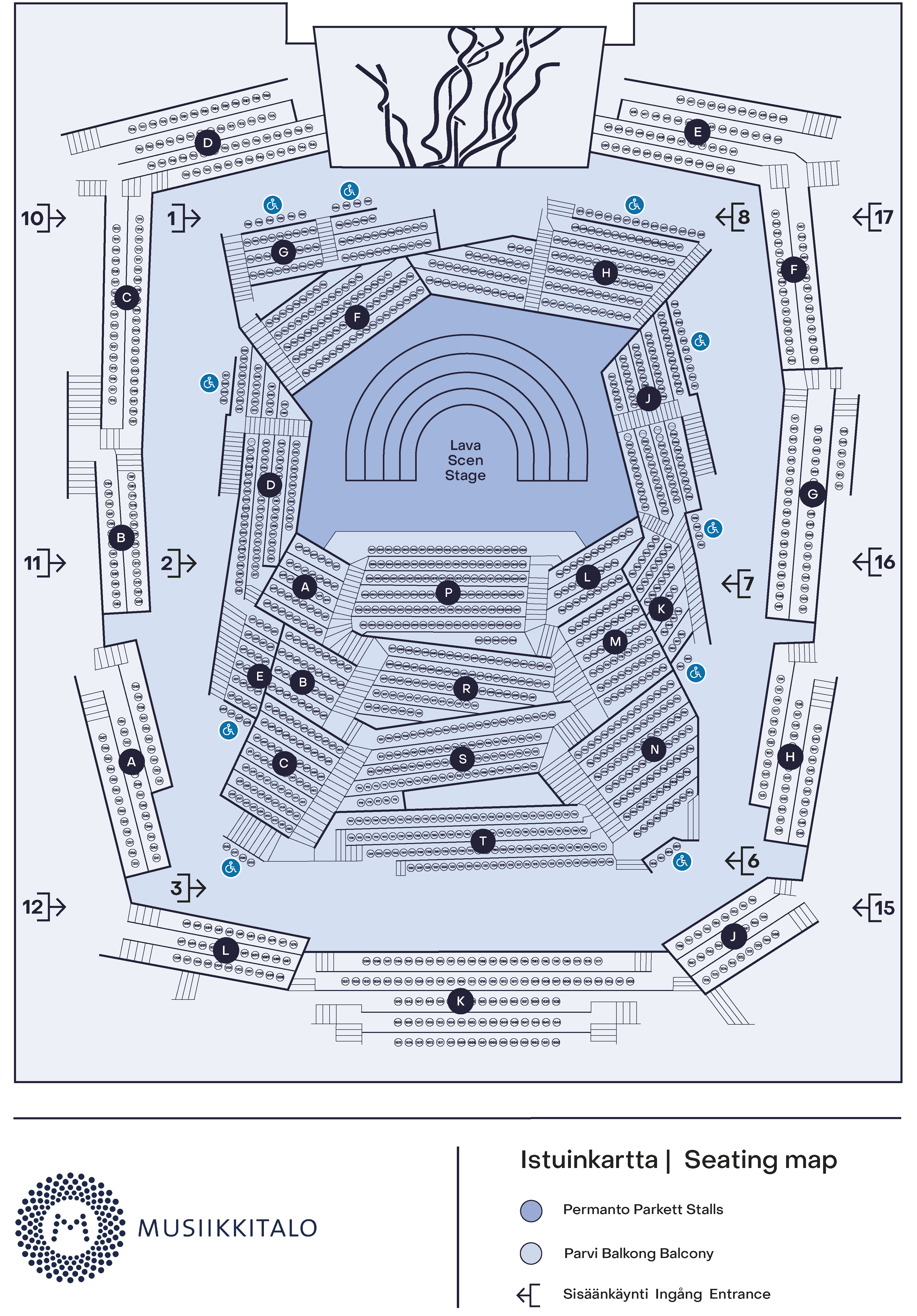 Musiikkitalon kartta istumapaikat